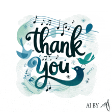 a thank you card with blue birds and musical notes