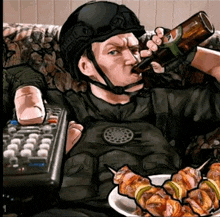 a man in a helmet drinking a bottle of pepsi