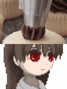 a pixel art of a girl with red eyes and a cupcake with chocolate frosting on top
