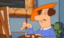 a cartoon character is holding a brush and painting a picture on an easel .