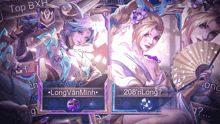 a screenshot of a video game with two characters named astrid and longvan minh