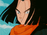 a close up of a cartoon character with long black hair