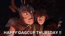 a picture of two cartoon characters with the words happy dagcup thursday at the bottom