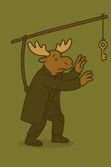 a cartoon moose is holding a stick with a key on it