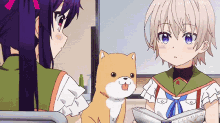 two anime girls are sitting next to each other with a dog in the background