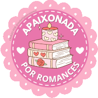 a pink sticker with a stack of books and a candle says apaixonada por romances