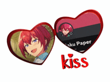 two red hearts with a picture of a boy and the word kiss