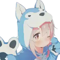 a girl is wearing a blue and white wolf hoodie