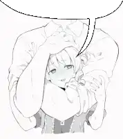a black and white drawing of a man holding a girl with a speech bubble above her head .
