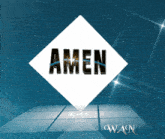 the word amen is on a white diamond on a blue background