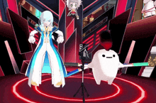 a cartoon character is standing in front of a tripod with the letter b on it