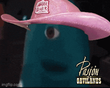 a blue fish wearing a pink hat that says camara clover