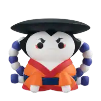 a figurine of a penguin with a black hat and orange and blue beads around its neck