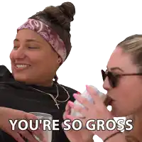 a woman drinking from a can with the words you 're so gross written below her