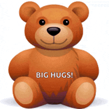 a brown teddy bear with the words big hugs on it