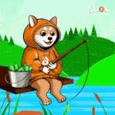 a dog is sitting on a pier holding a fishing rod