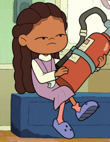a cartoon girl is holding a red fire extinguisher