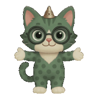 a cartoon cat wearing glasses and a crown