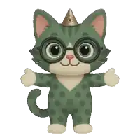 a cartoon cat wearing glasses and a crown