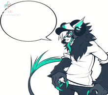 a black and white drawing of a furry character with a speech bubble