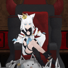 a white anime character with a crown on her head sits on a throne