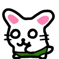 a cartoon drawing of a cat with pink ears and a green tongue