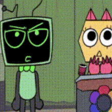 two cartoon characters are standing next to each other and one has a green face
