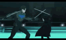 robin and nightwing are fighting each other with swords in a video game .