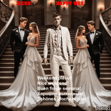 a man in a tuxedo stands between two women in wedding dresses