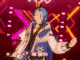 a person with blue hair and a crown on their head is standing on a stage .