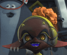 a close up of a cartoon character with a yellow helmet on