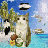 a cat with a coconut in front of it