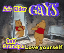 a cartoon of winnie the pooh looking at himself in a mirror