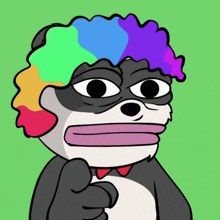 a cartoon drawing of a dog with a colorful wig on