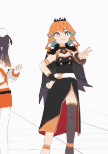 a cartoon character with orange hair and a crown on her head is standing next to another cartoon character .