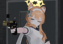 a girl with cat ears is holding a gun in front of a door that says d-z
