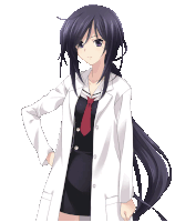 a girl with long black hair and a white coat