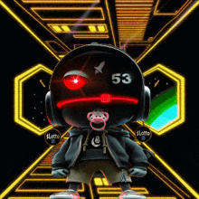 a cartoon character is wearing headphones and has the number 53 on his face