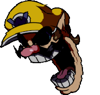a cartoon character with a yellow hat and sunglasses has his mouth open