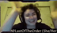 a woman wearing headphones is smiling in front of a screen that says ' last of the order '