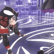 a girl in a red and black outfit is standing in a circle