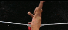 a wrestler is kicking another wrestler in the face during a wrestling match .