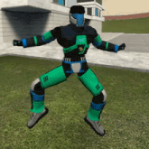 a video game character in a green and black suit with avc written on his chest