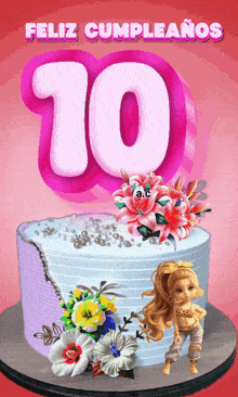 a birthday cake with flowers and the number 10 on top