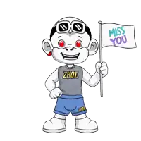 a cartoon character wearing a shirt that says ' zhou ' on it