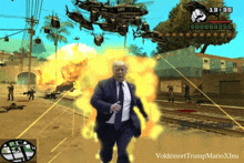 a video game shows a man in a suit and tie running in front of an explosion