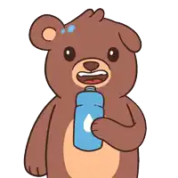 a cartoon bear is holding a blue bottle with a drop of water on it