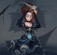 a cartoon drawing of a woman in a blue dress holding her head