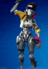 a robot with a yellow jacket and a black hat is holding a gun