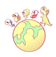 a cartoon drawing of birds and a dinosaur standing around a globe